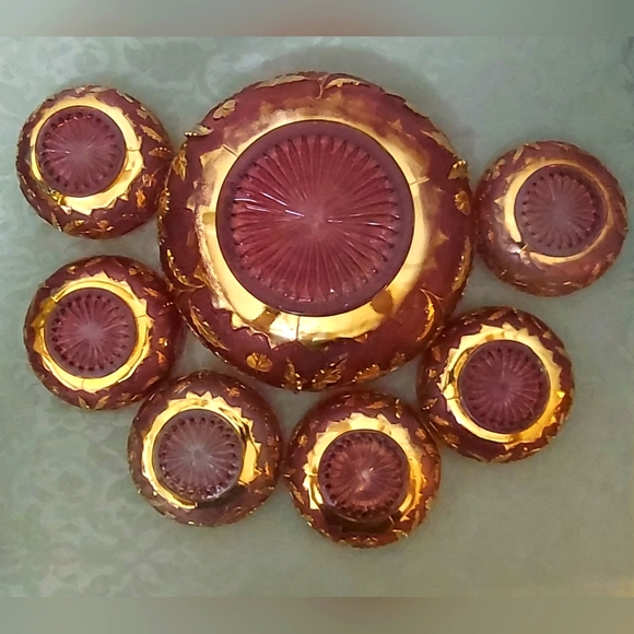 EAPG US GLASS DELAWARE RUBY STAIN/FLASH & GOLD BERRY BOWL SET - Picture 5 of 11